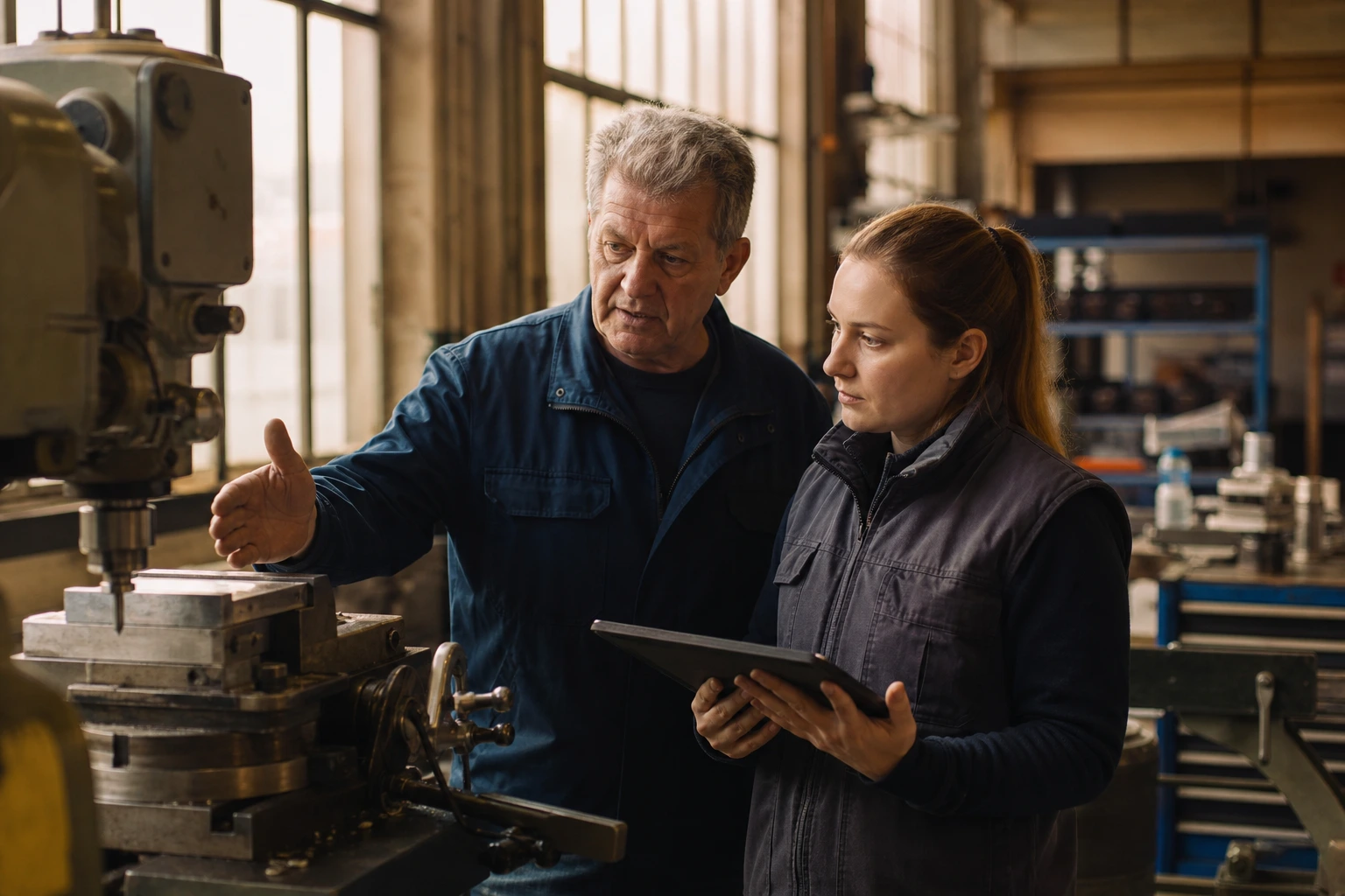 An experienced machinist explains a detail on a milling machine to a young colleague holding a tablet