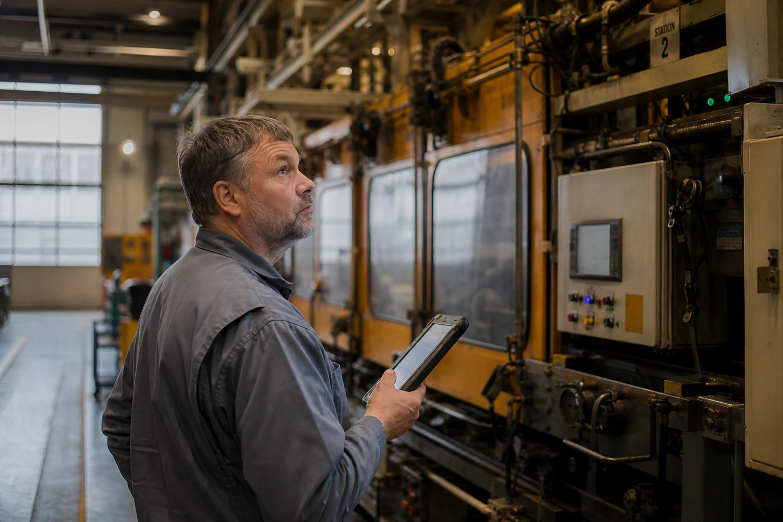 A technician with a tablet checks a production line in the factory hall