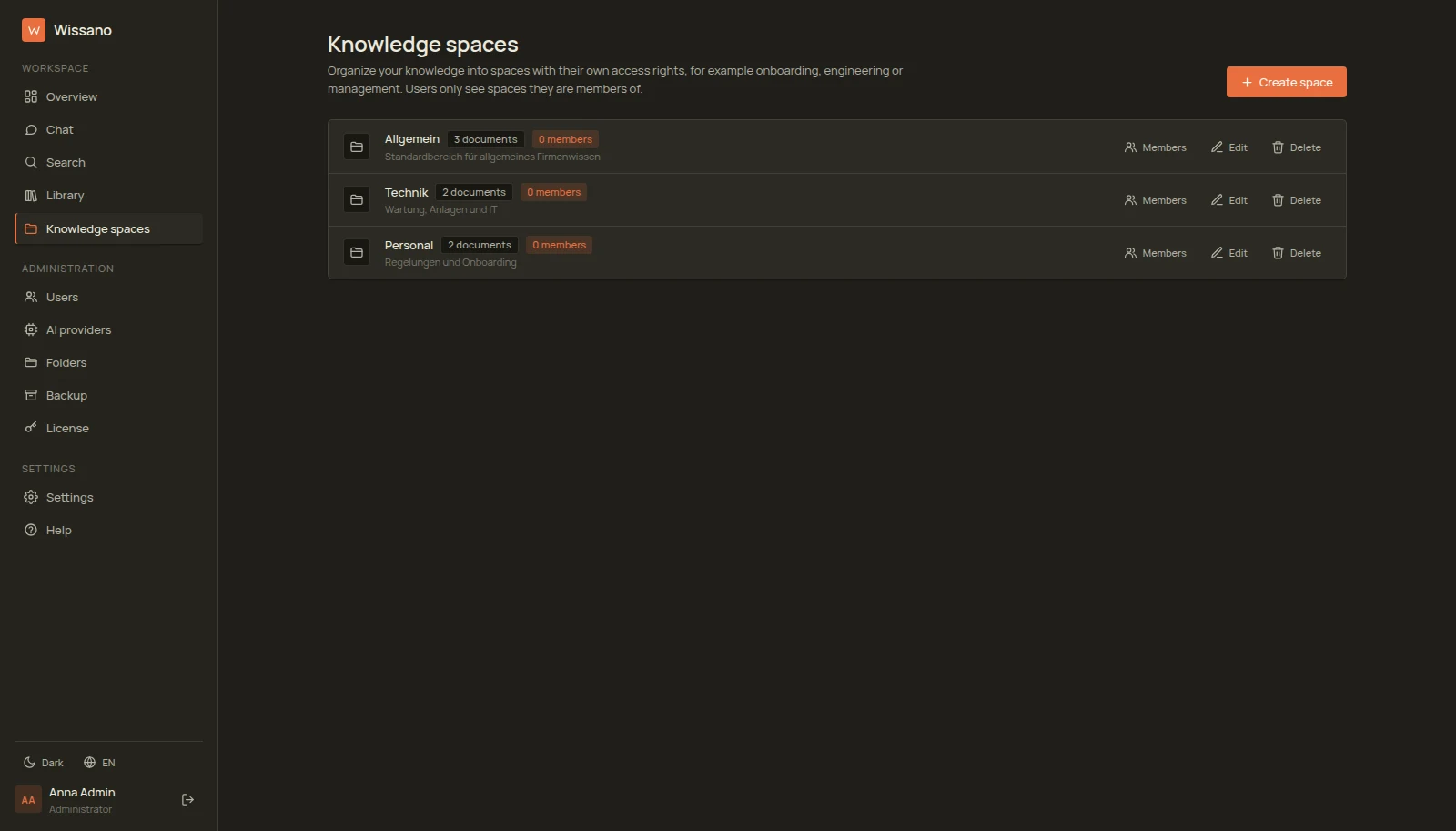 Real Wissano view: knowledge spaces with document and member counts and member management, dark theme