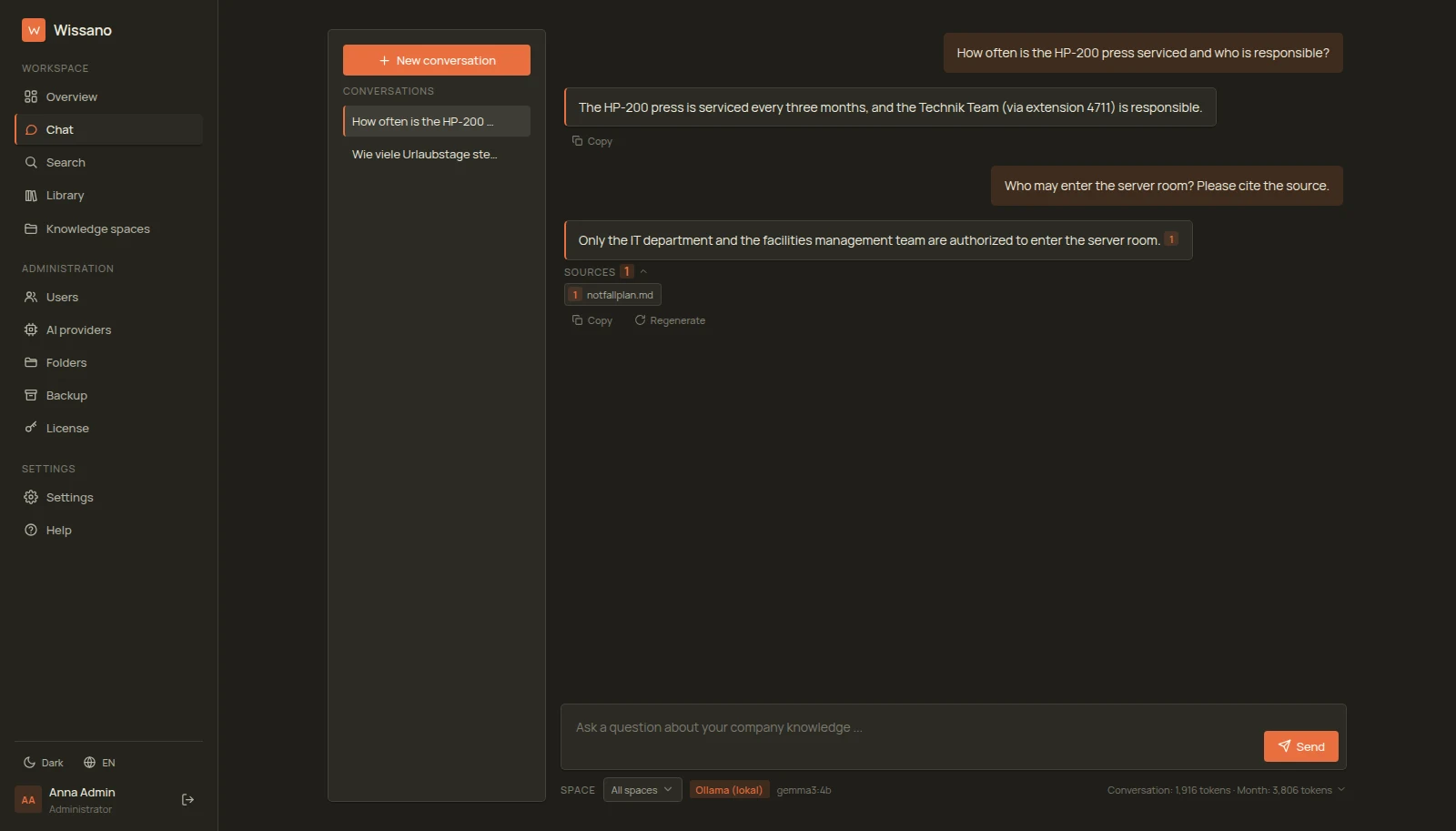 Real Wissano view: the chat answers a question with cited sources, space filter and token counter, dark theme