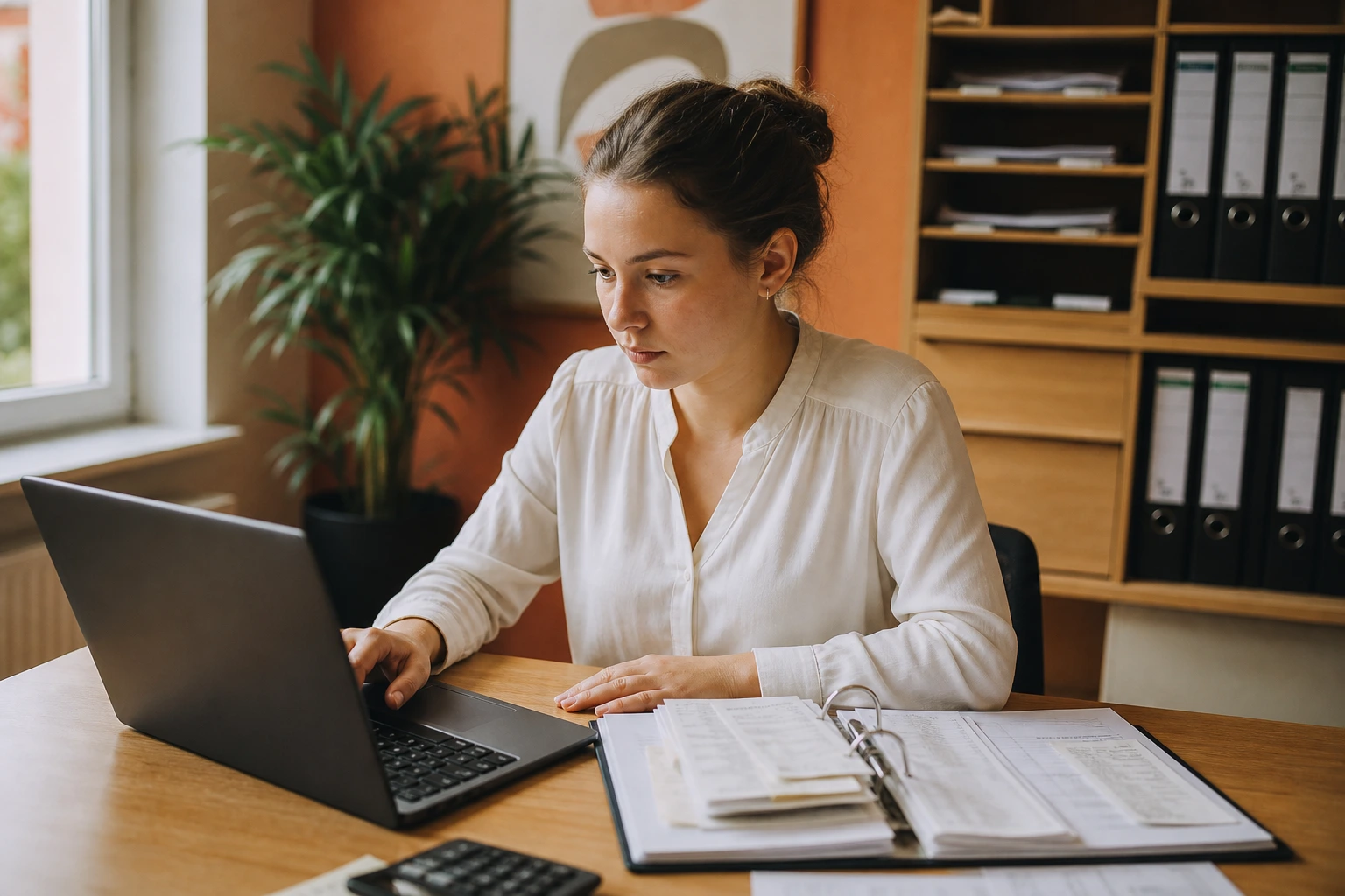 A young apprentice in bookkeeping works at a laptop with a binder full of receipts