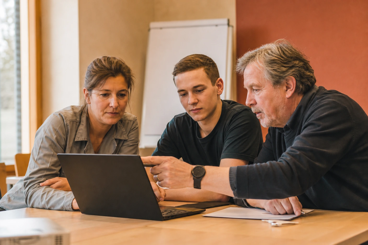An apprentice is trained together with colleagues at a laptop in the training room