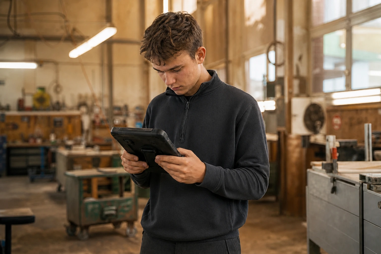 A young apprentice works through a training topic on his own with a tablet